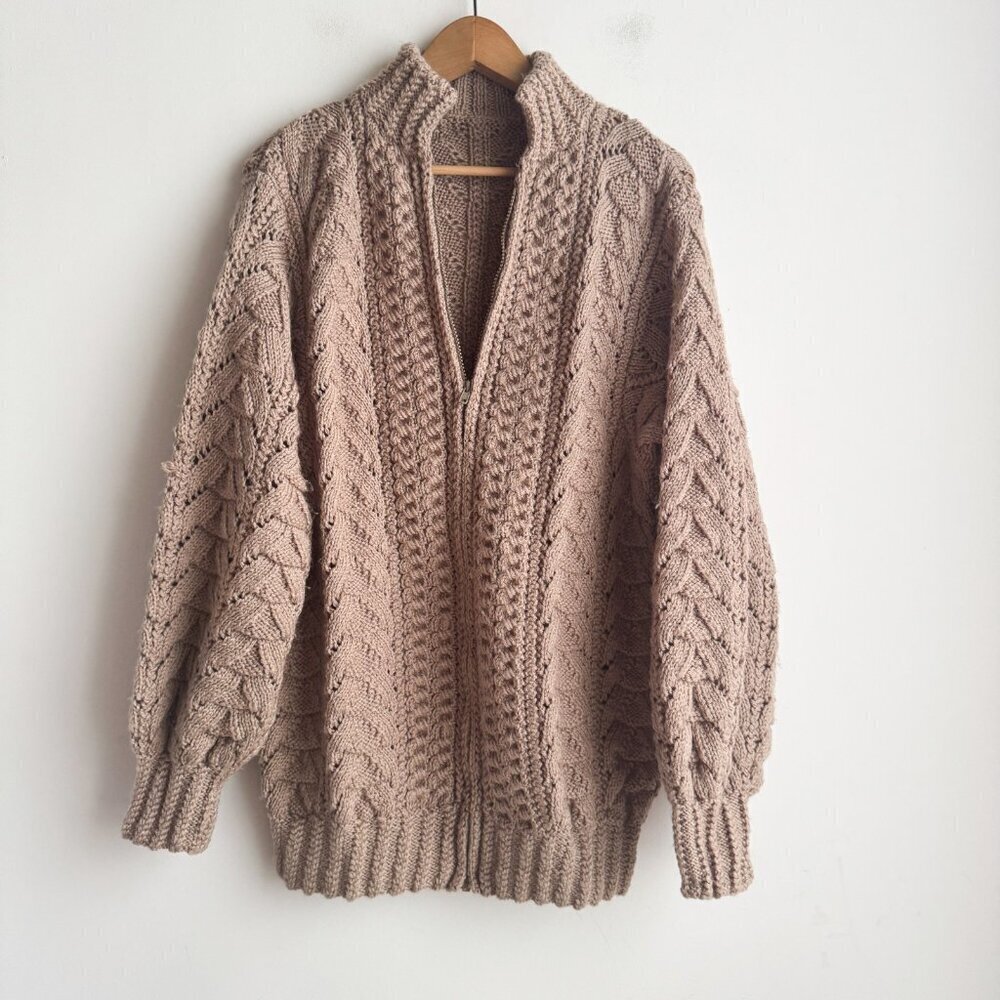 Vintage Hand made Beige Brown Chunky Knit Cardigan Zip Up M